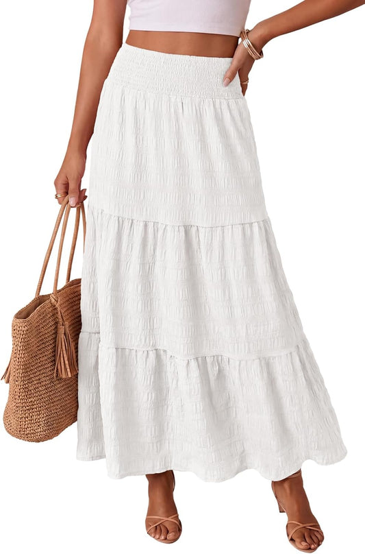 Women's Boho Maxi Skirts 2026 Summer Smocked Tiered A Line Long Flowy Beach Vacation Skirt with Pockets