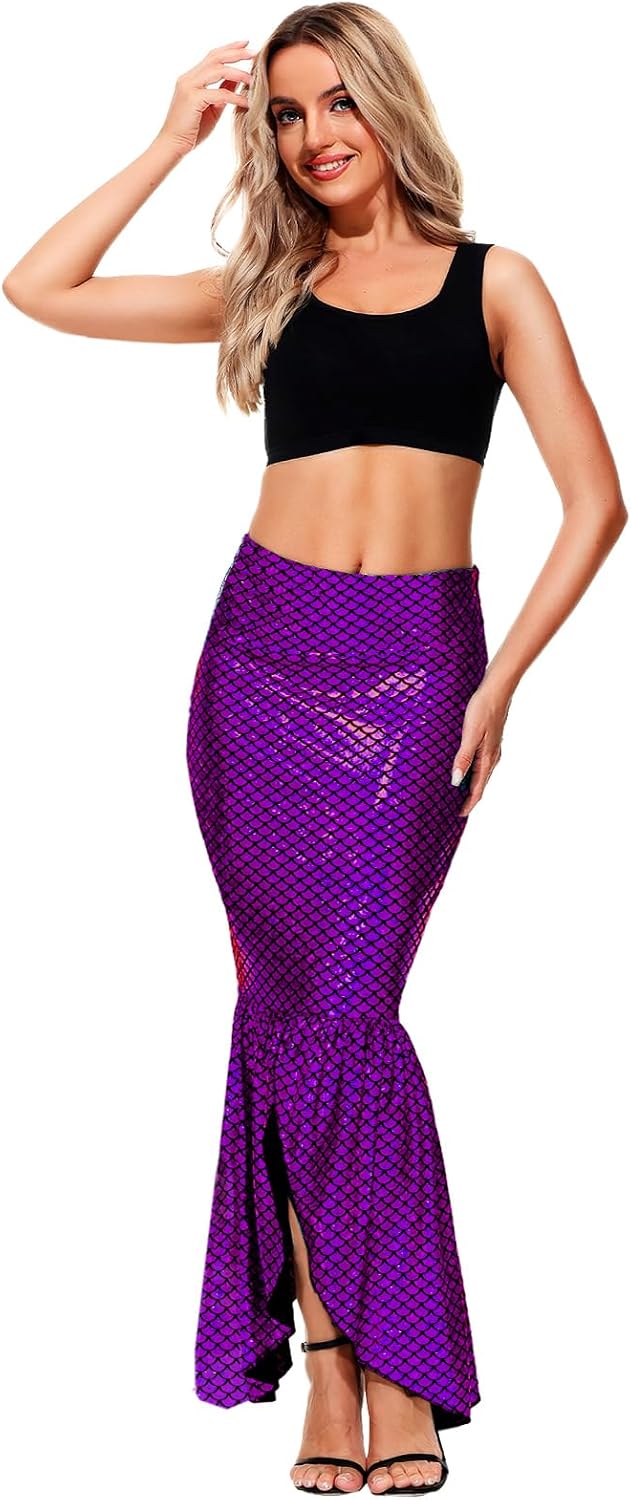 AOBUTE Women Mermaid Costume Skirt Shiny Maxi Fish Skirts Halloween Cosplay Outfits