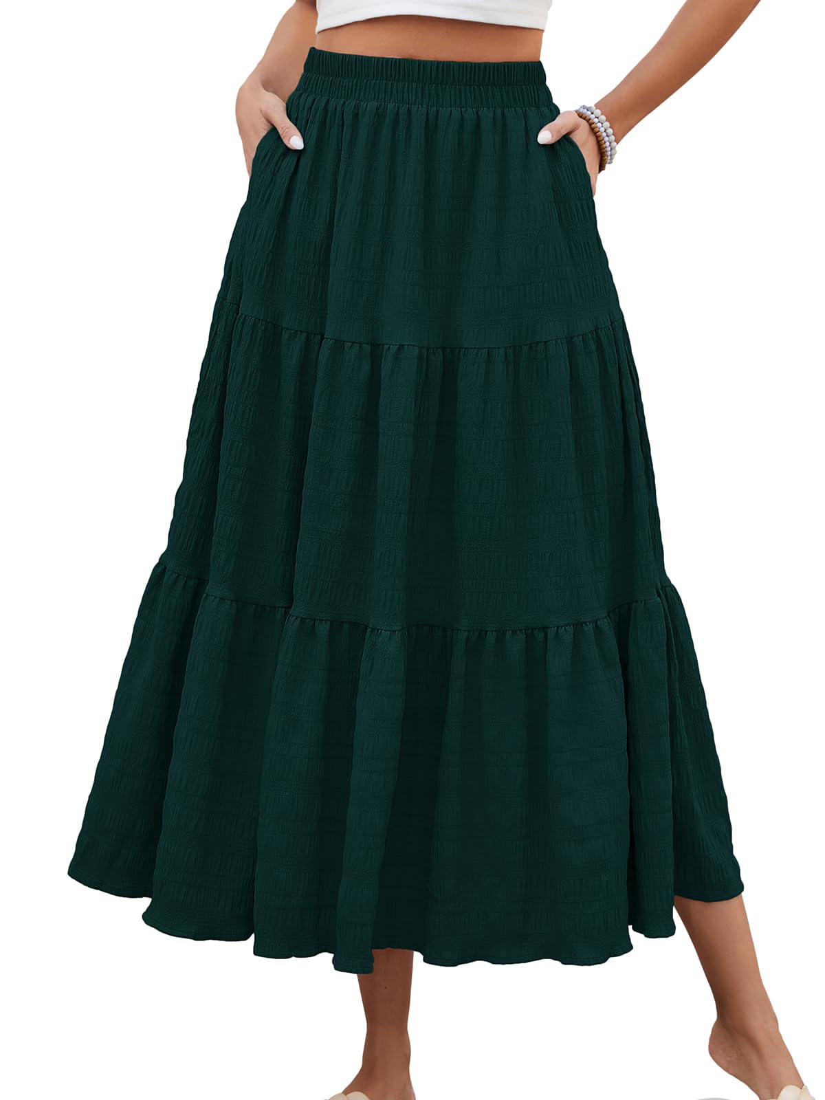 HUSKARY Women's Summer Casual Elegant Smock Layered Tiered Maxi Skirt High Waisted A Line Flowy Long Skirts with Pockets