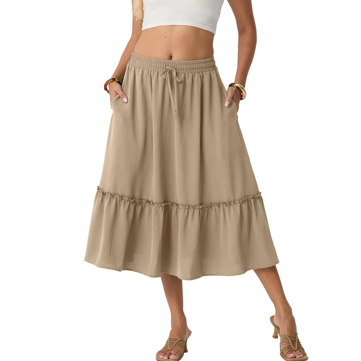 FREEOAK Skirts for Women High Waisted Tiered A Line Midi Skirt Knee Length Summer Skirts Drawstring with Pockets
