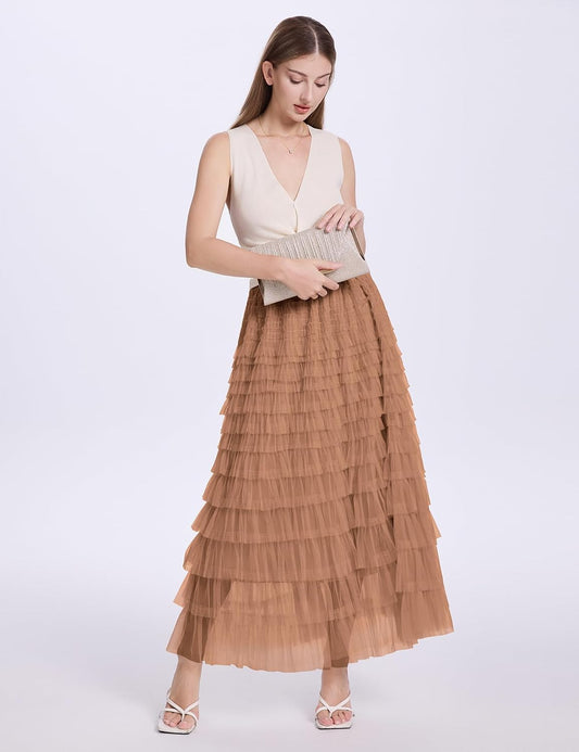 PEHMEA Womens Tulle Maxi Skirt High Waist Tiered A Line Layered Fairy Skirt