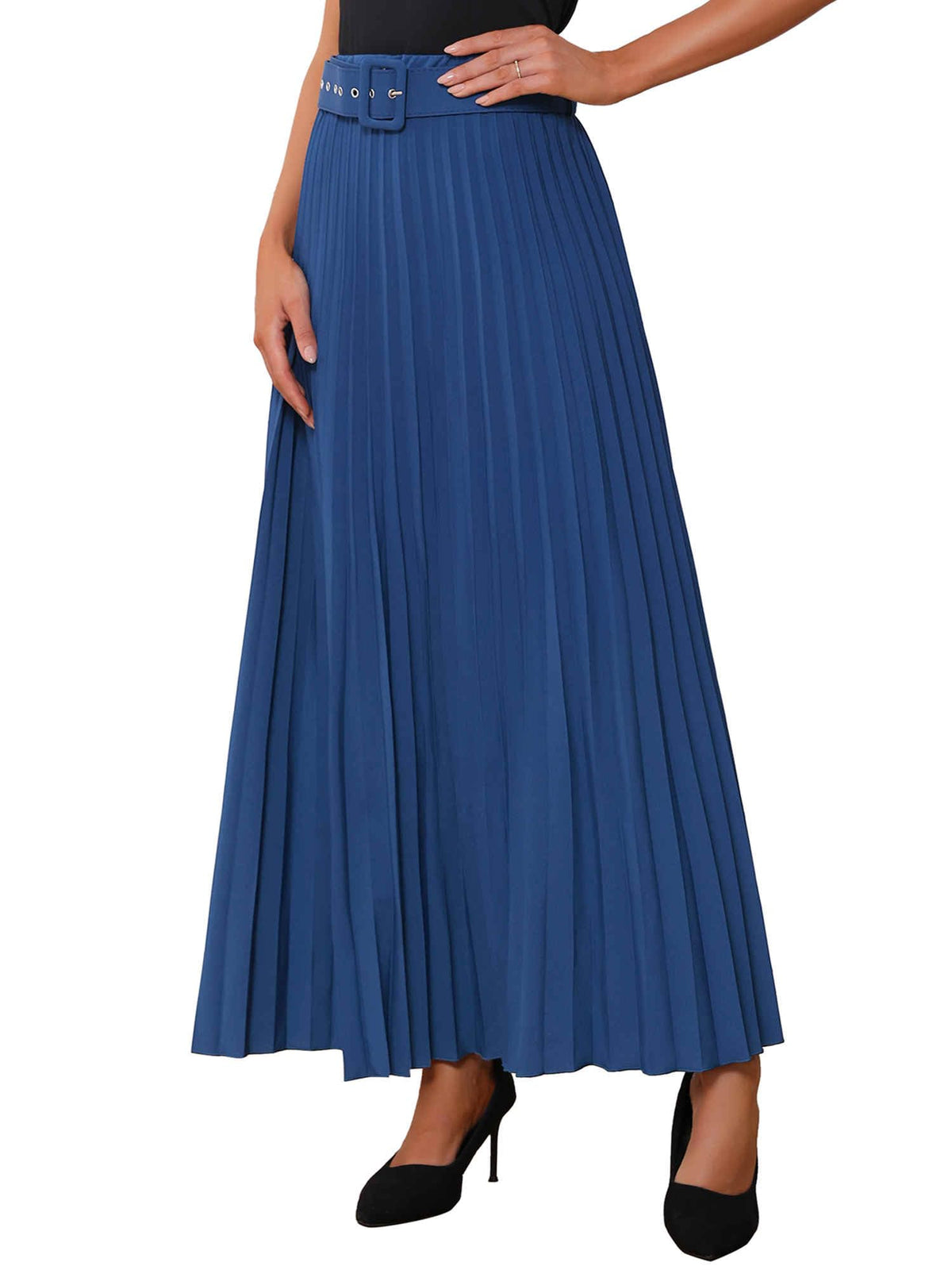 Allegra K Women High Waist Elastic Flowy A-Line Maxi Pleated Skirt