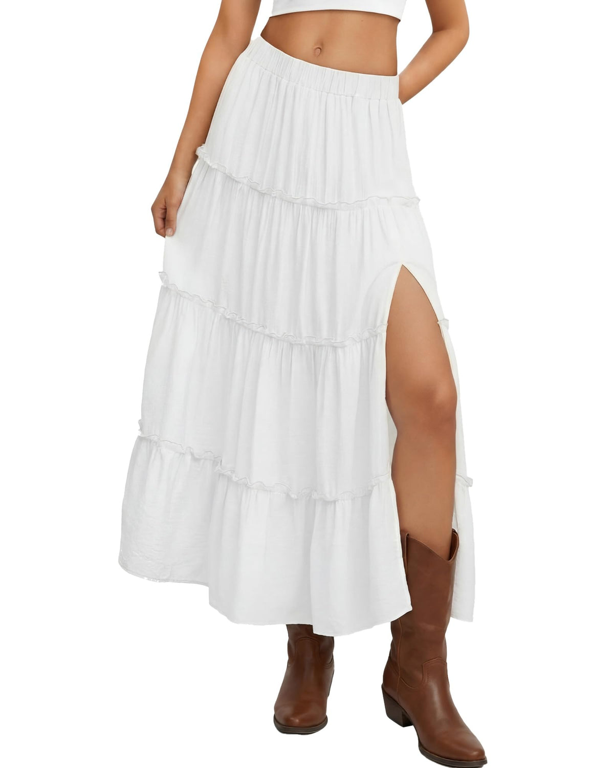 Cutecrop Womens Tiered Maxi Skirt Elastic Waist Flowy Casual Boho Western Skirts Ruffle High Slit Country Cowgirl Long Skirts