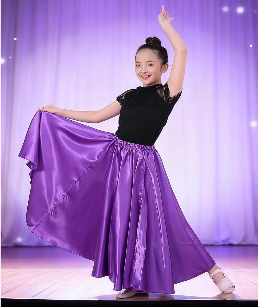 Girls Satin Full Dancing Circle Long Flowy Dance Skirt