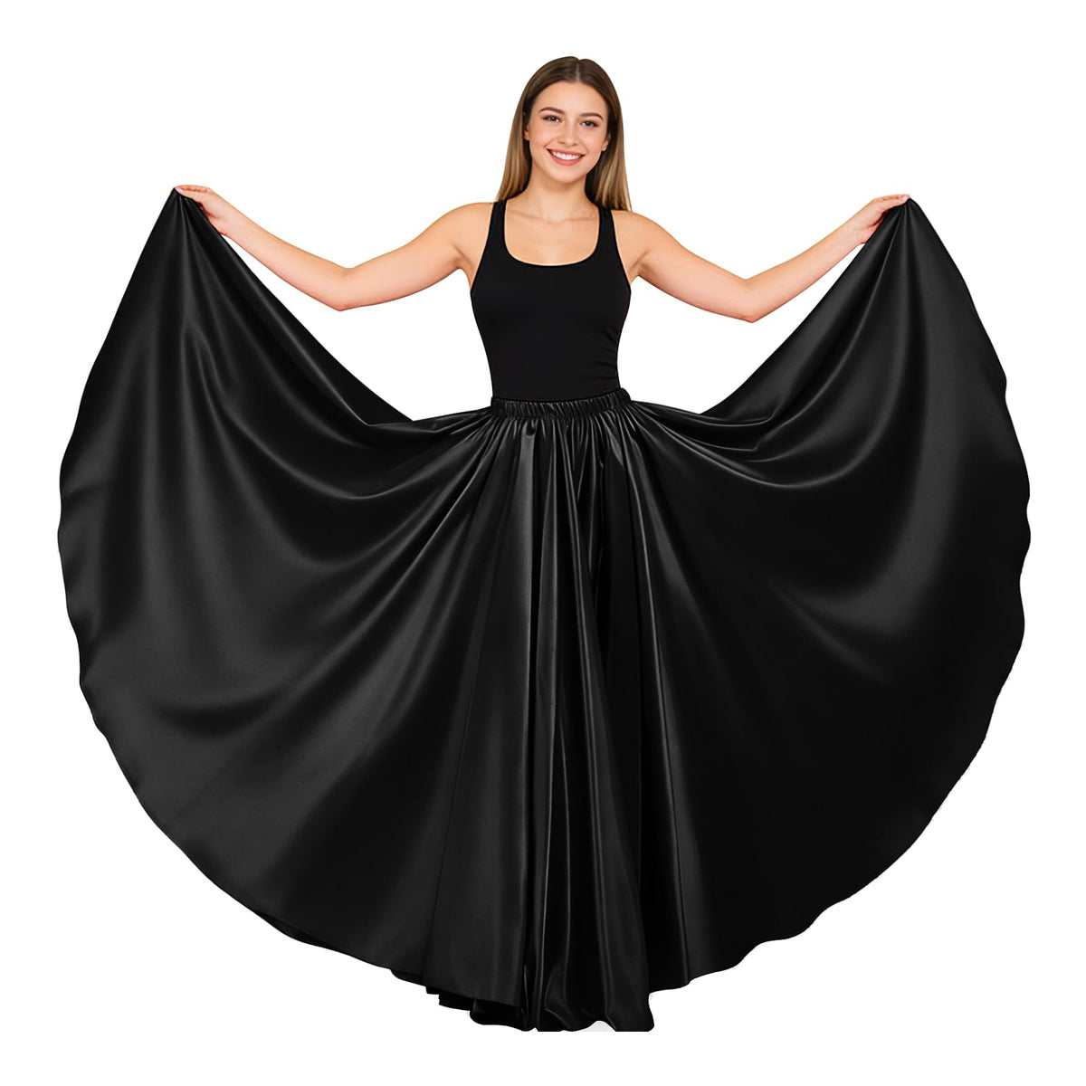 Women Satin Full Circle Ankle Length Swing Long Skirt Maxi Shiny Skirt for Party Cosplay Belly Dance Performance Costume