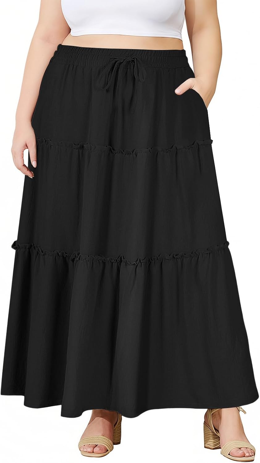 Moon Wood Plus Size Maxi Skirts for Women Trendy Long Flowy Boho Tiered Skirt Renaissance Summer Beach Skirt with Pockets