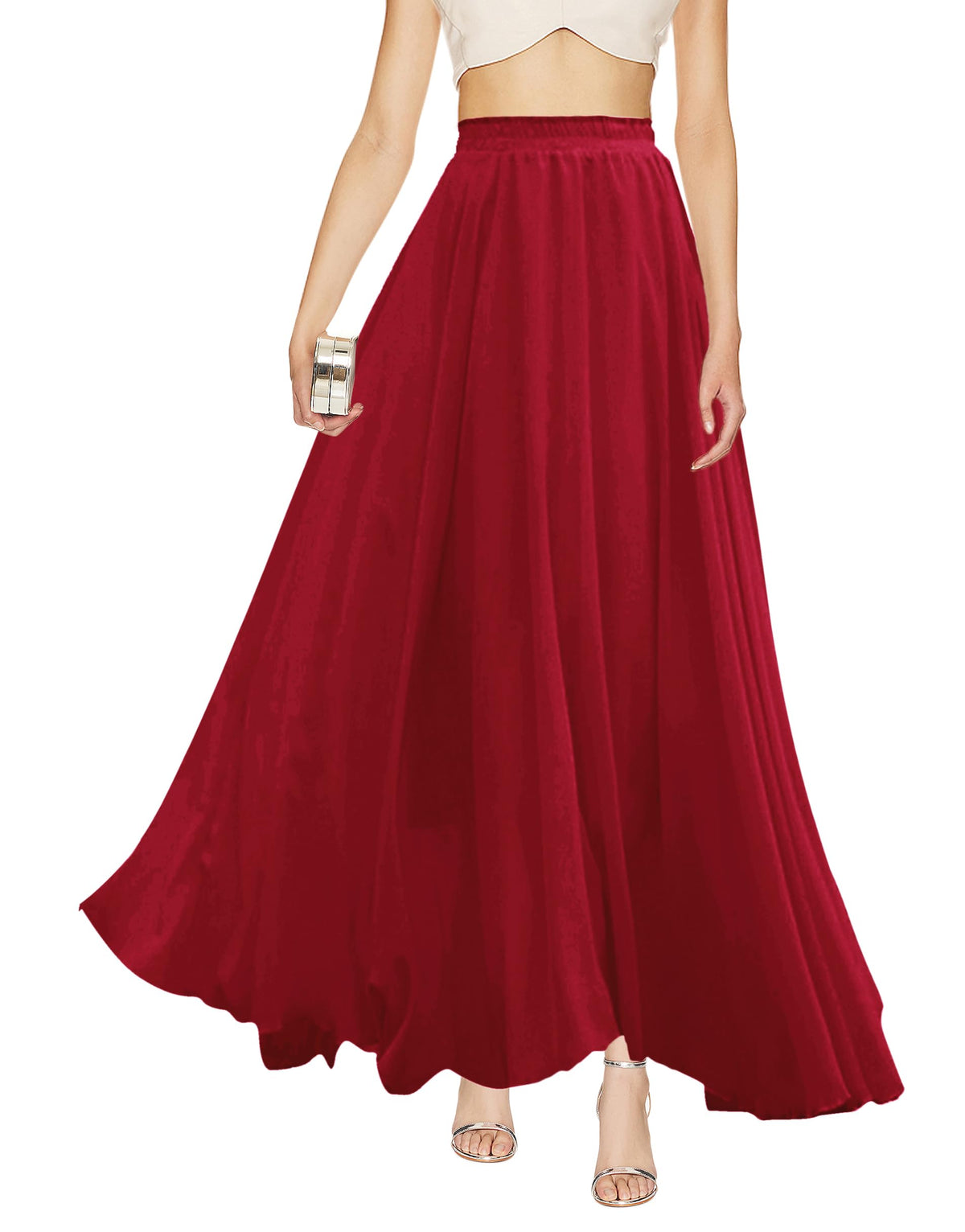 v28 Women Full/Ankle Length Elastic Pleated Retro Maxi Chiffon Long Skirt