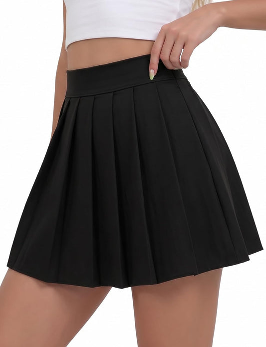 AURUZA Pleated Mini Skirt for Women, Stretchy A-Line Skater Skirt with Built-in Shorts, Pull-On Waist, Black