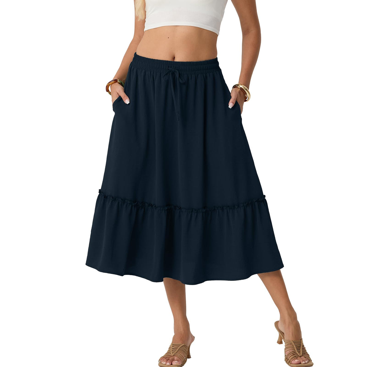 FREEOAK Skirts for Women High Waisted Tiered A Line Midi Skirt Knee Length Summer Skirts Drawstring with Pockets