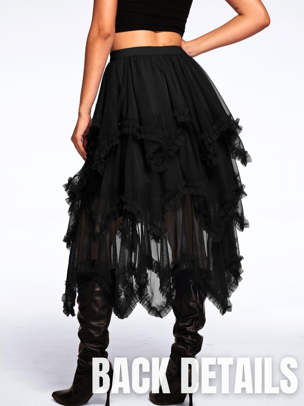 Kaei&Shi Long Tulle Skirt,Asymmetrical Ruffle Hem,Renaissance Fairy Costume