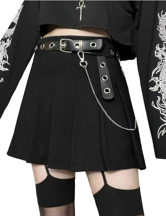 AULKEEP Pleated Mini Skirt Goth High Waist Skort with Belt