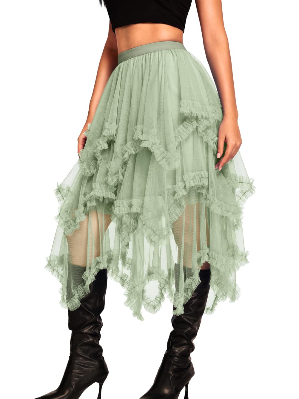 Kaei&Shi Long Tulle Skirt,Asymmetrical Ruffle Hem,Renaissance Fairy Costume