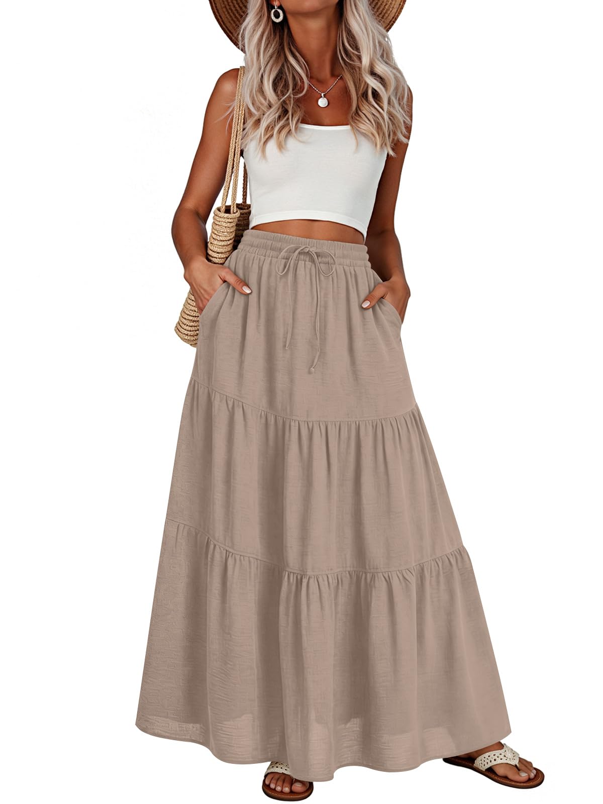 Addtoo Womens Maxi Skirt Pleated Tiered A-Line Elastic Waist Midi Skirt