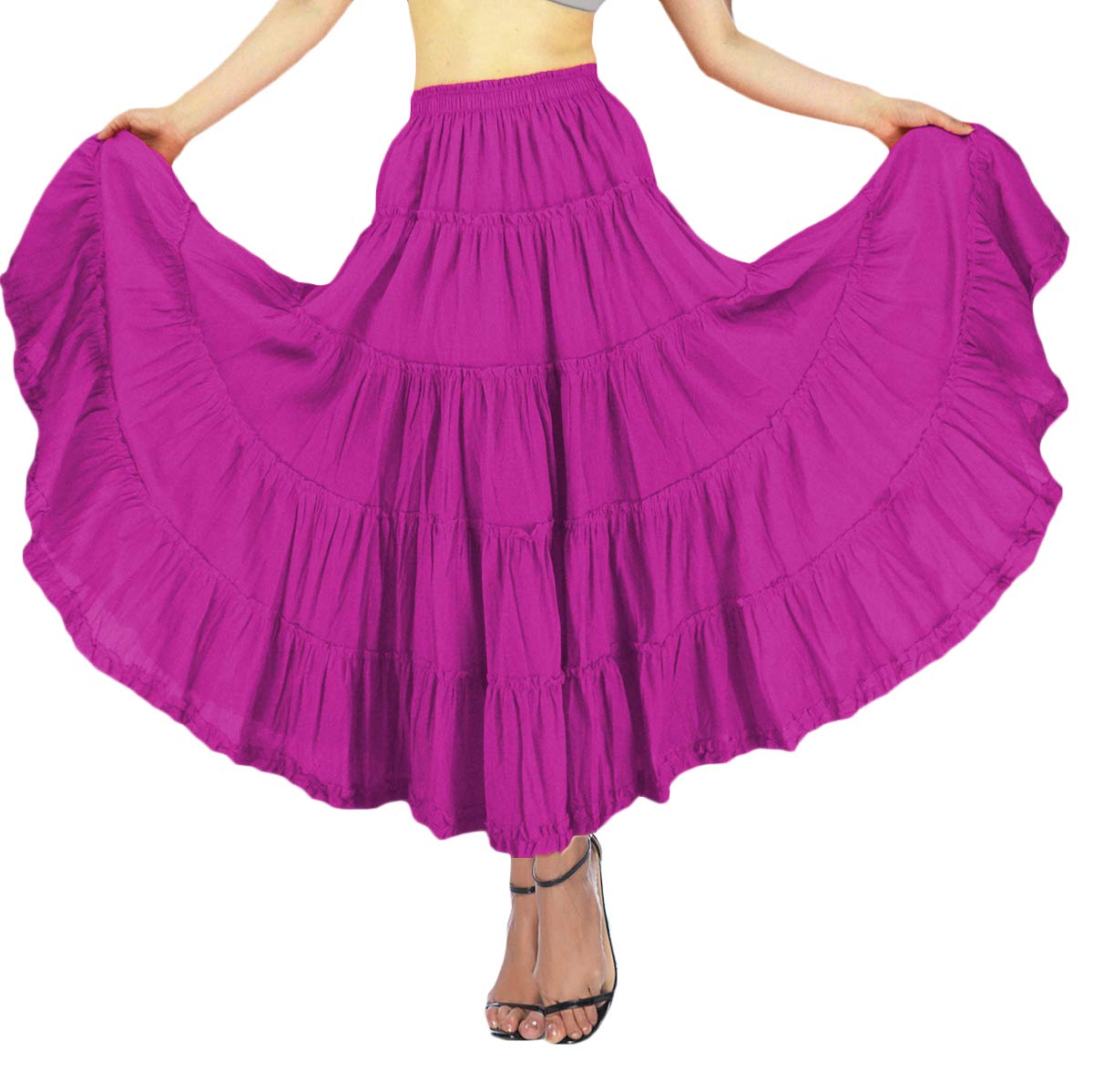 Women's Maxi Skirt Boho Pleated Cotton 5 Tiered Long A-Line Dance Skirts
