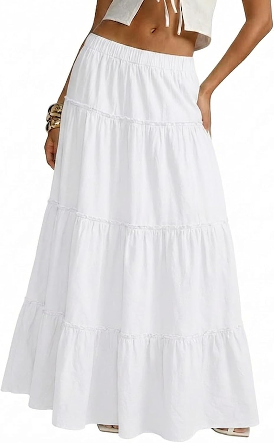 Cotton Maxi Skirt for Women Flowy Tiered Boho with Elastic Waist