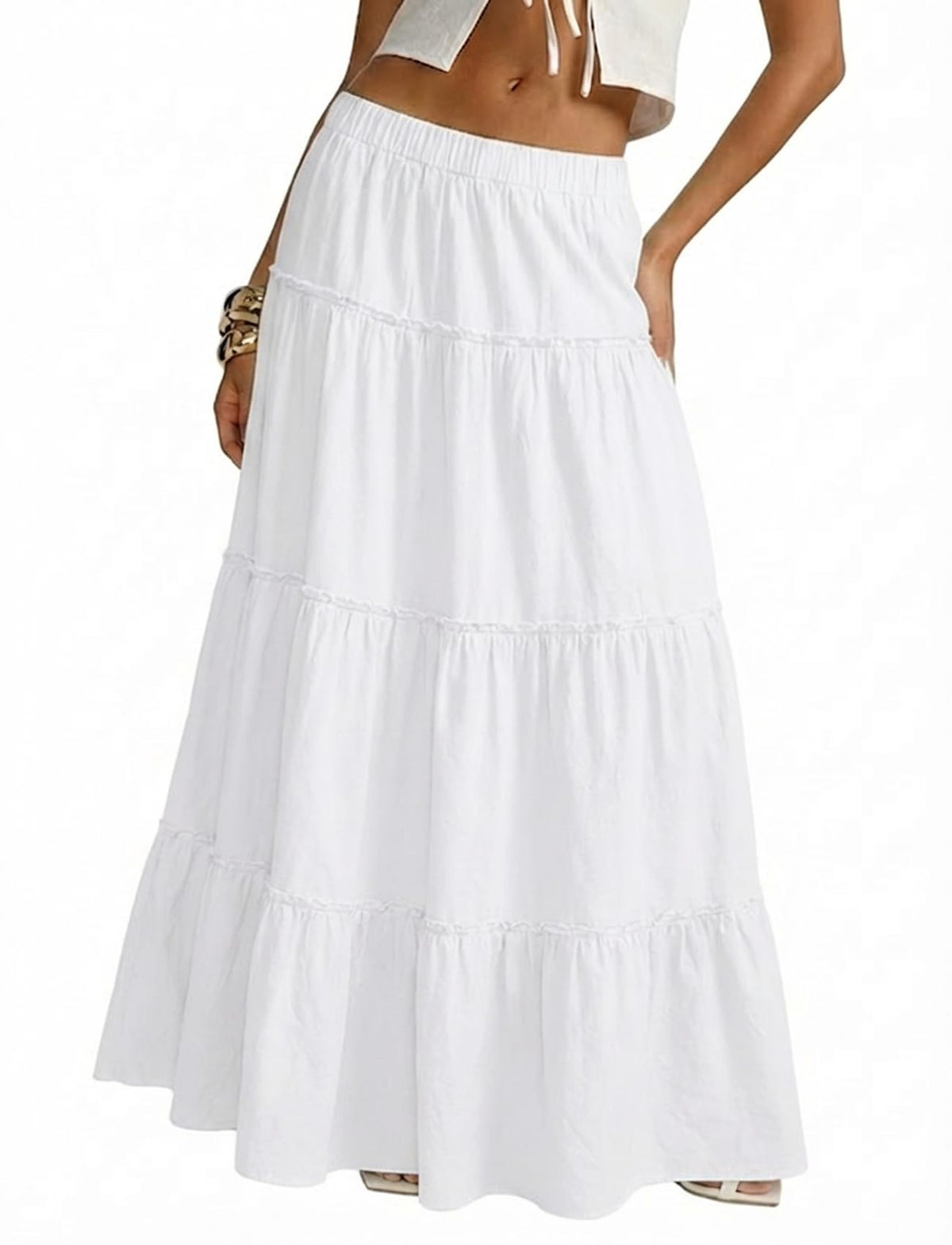 Cotton Maxi Skirt for Women Flowy Tiered Boho with Elastic Waist