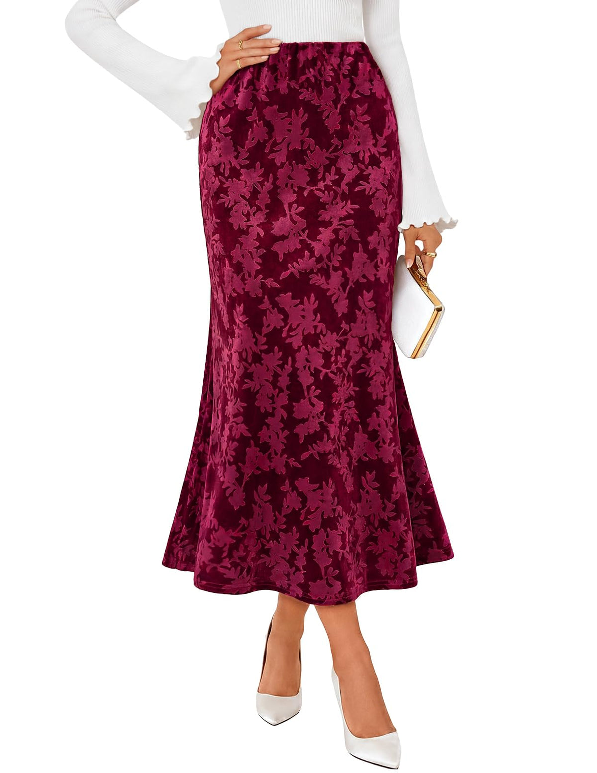 MEROKEETY Women's Fall Floral Velvet Maxi Skirt