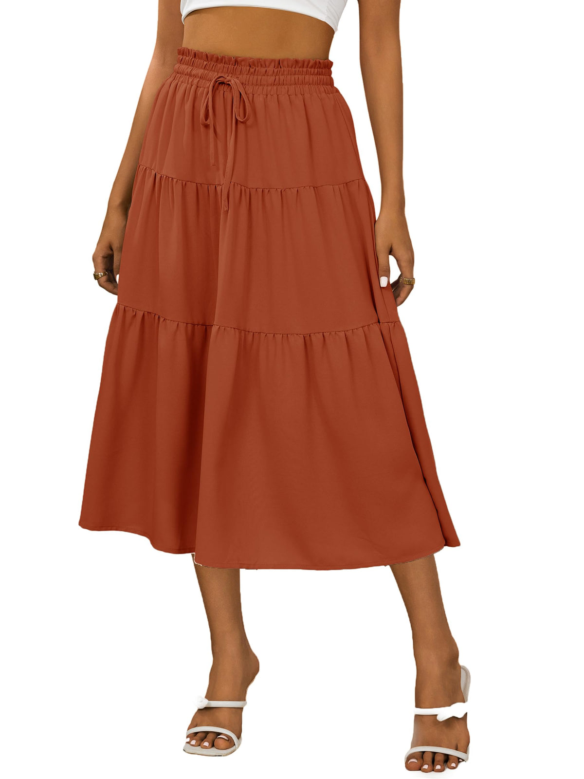 Anbech Womens Boho Midi Skirts A-Line Casual Flowy Elastic High Waist
