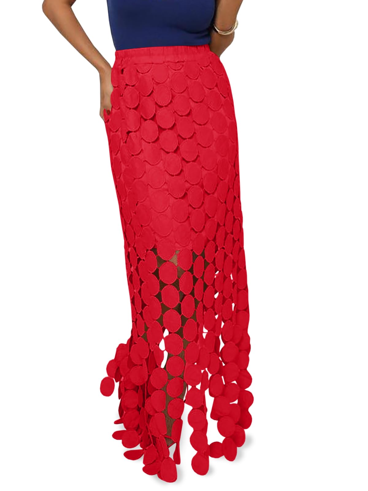 Cicy Bell Womens Hollow Out Maxi Skirts Summer Boho Fringe Hem Long Skirt