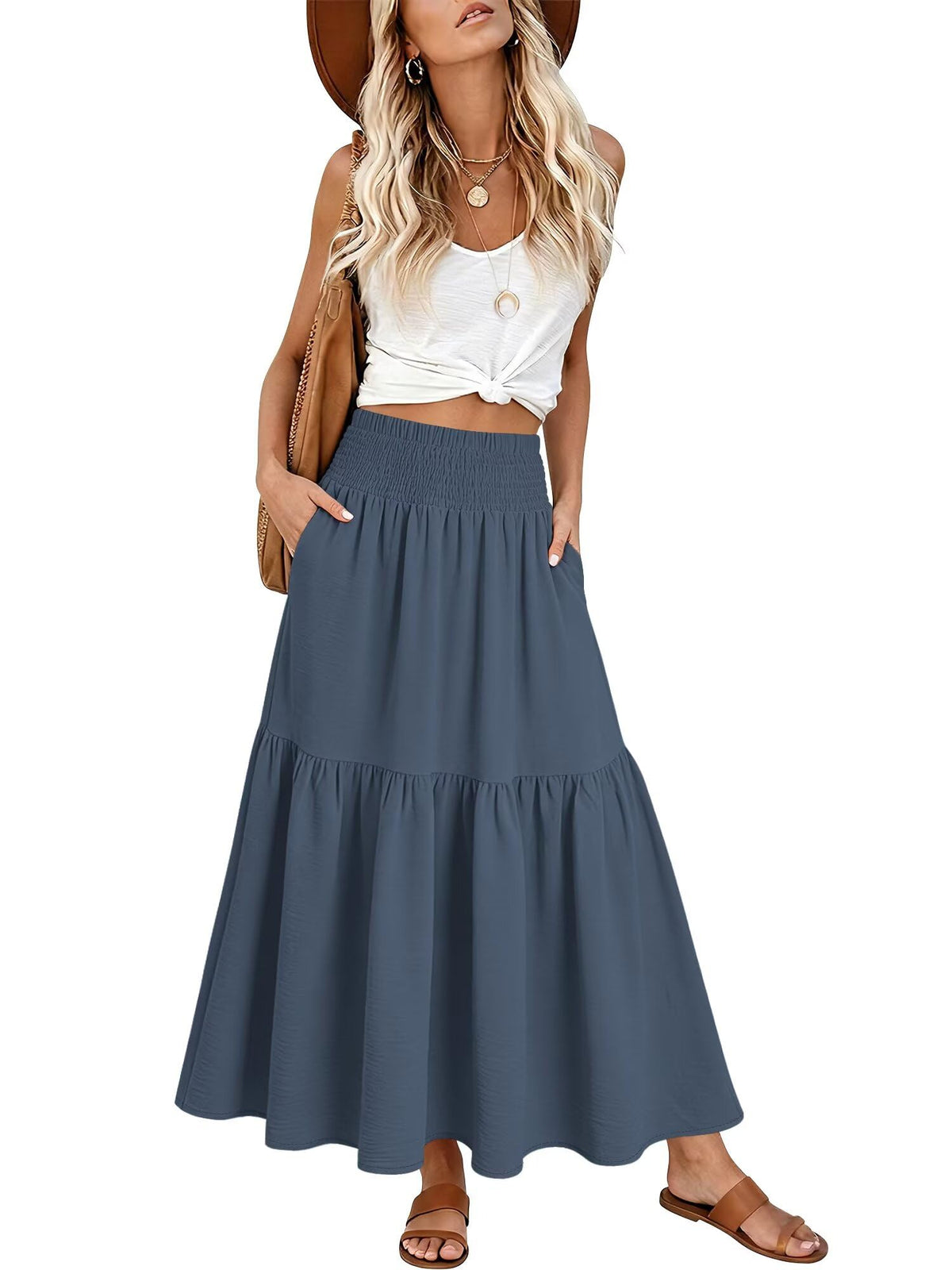 StunShow Women's Maxi Skirts Boho High Waisted Flowy A Line Pleated Beach Long Skirt with Pockets(S-XXL)