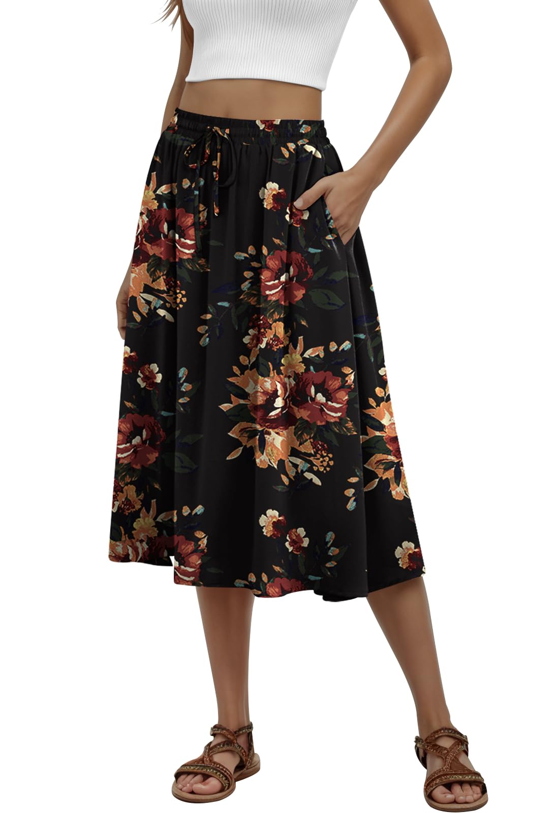 MLXSJ Women's Midi Skirt Summer Pleated Flowy Skirts with Pockets S-3XL