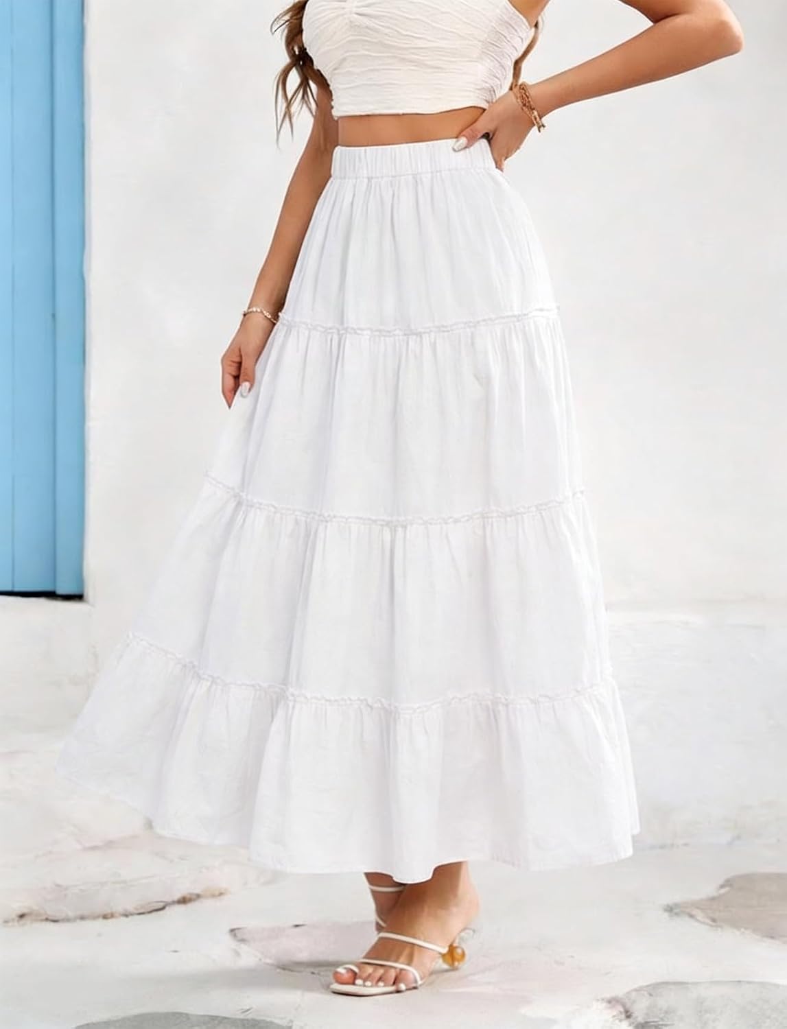 Cotton Maxi Skirt for Women Flowy Tiered Boho with Elastic Waist