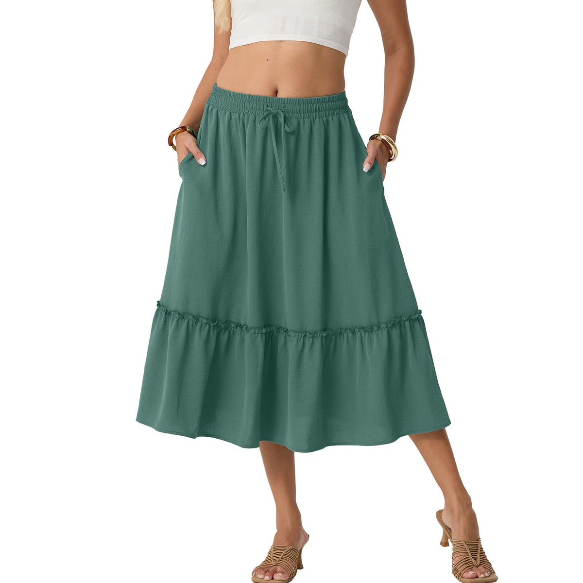 FREEOAK Skirts for Women High Waisted Tiered A Line Midi Skirt Knee Length Summer Skirts Drawstring with Pockets