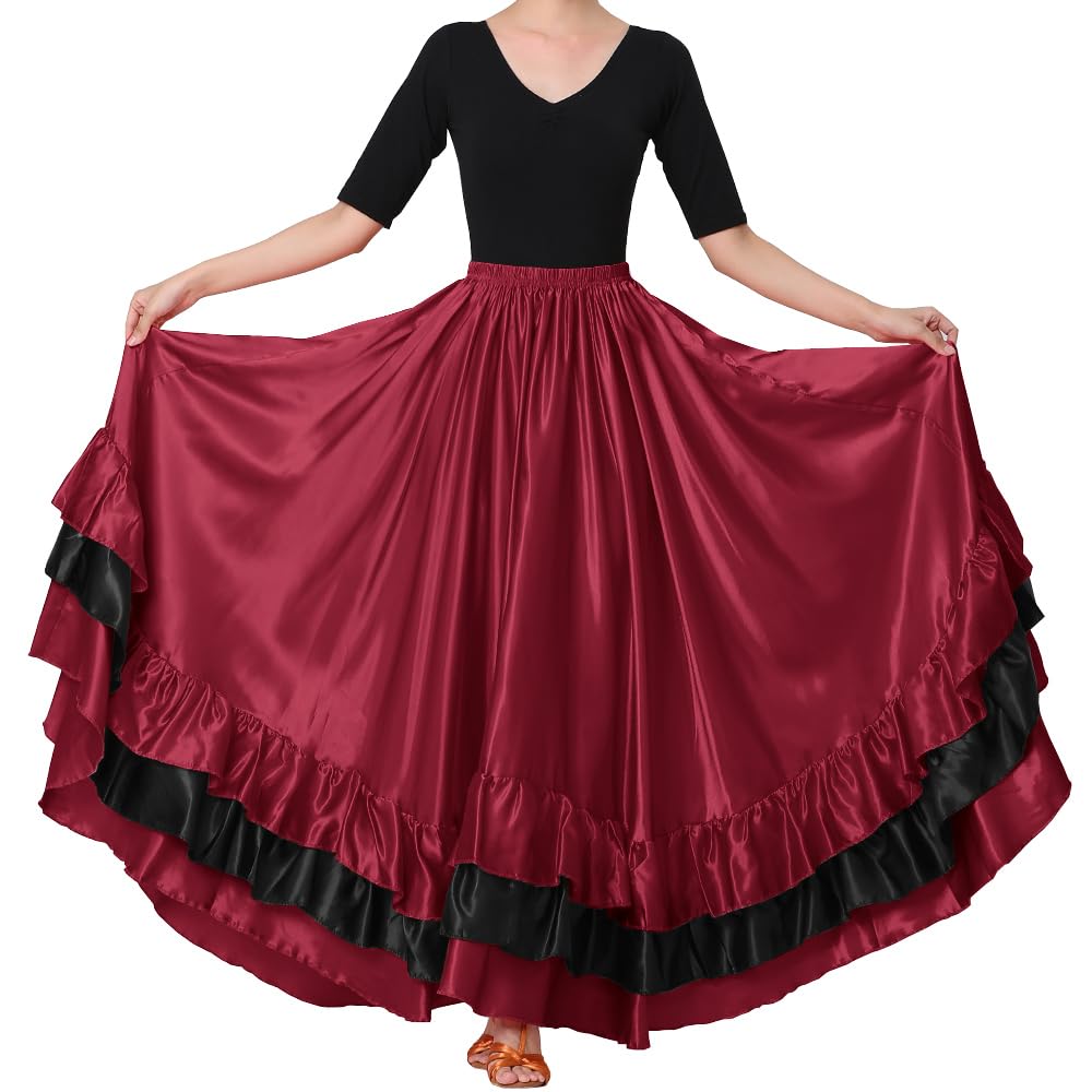 Women Black Red Layers Satin Long Skirt for Spanish Flamenco Belly Dance Mexico Ballet Folklorico Performance