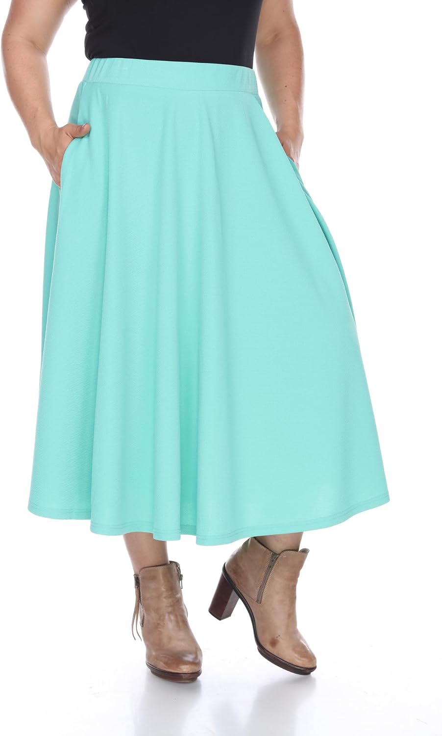 White Women's Plus Size Flared Midi Skirt with Pockets