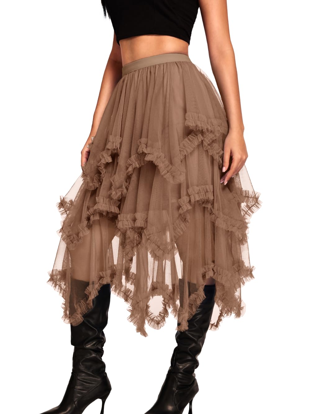 Kaei&Shi Long Tulle Skirt,Asymmetrical Ruffle Hem,Renaissance Fairy Costume
