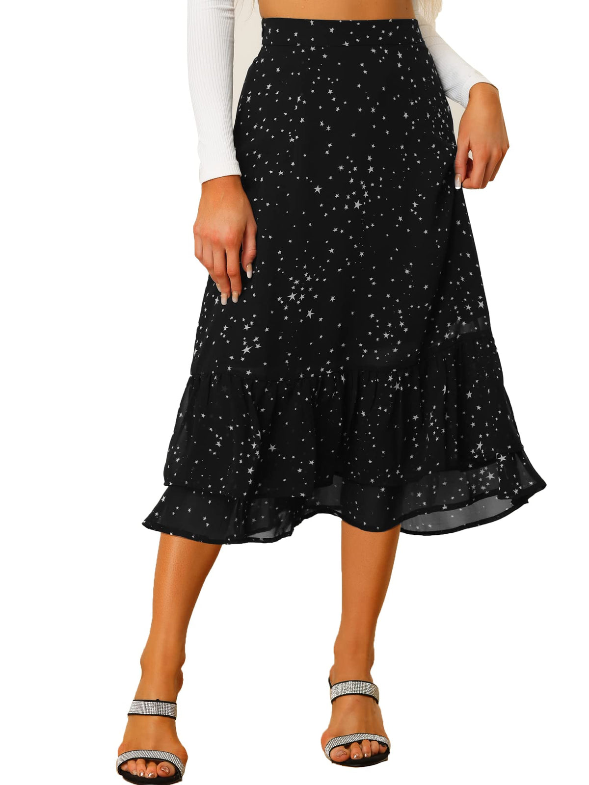 Allegra K Women's Printed Skirt Chiffon Ruffle Tiered Flowy Midi Skirts