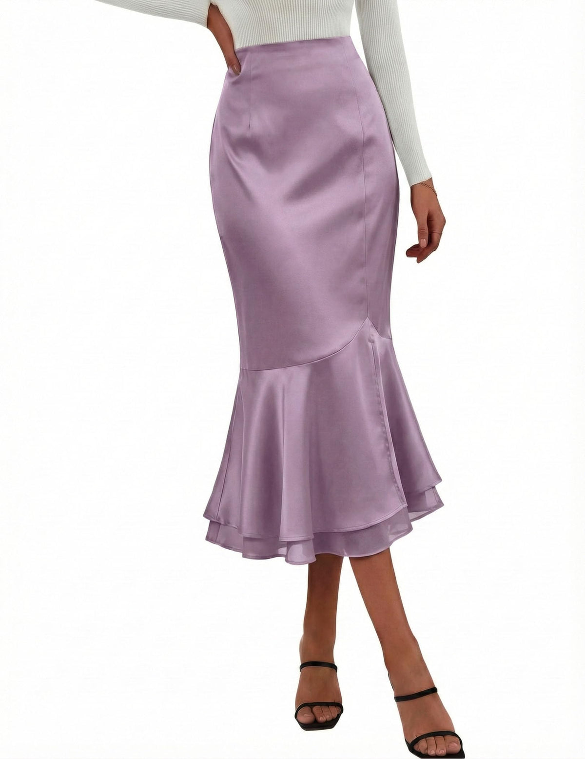 DERAX Womens Satin Silk Mermaid Midi Skirt High Waisted Fishtail Skirts
