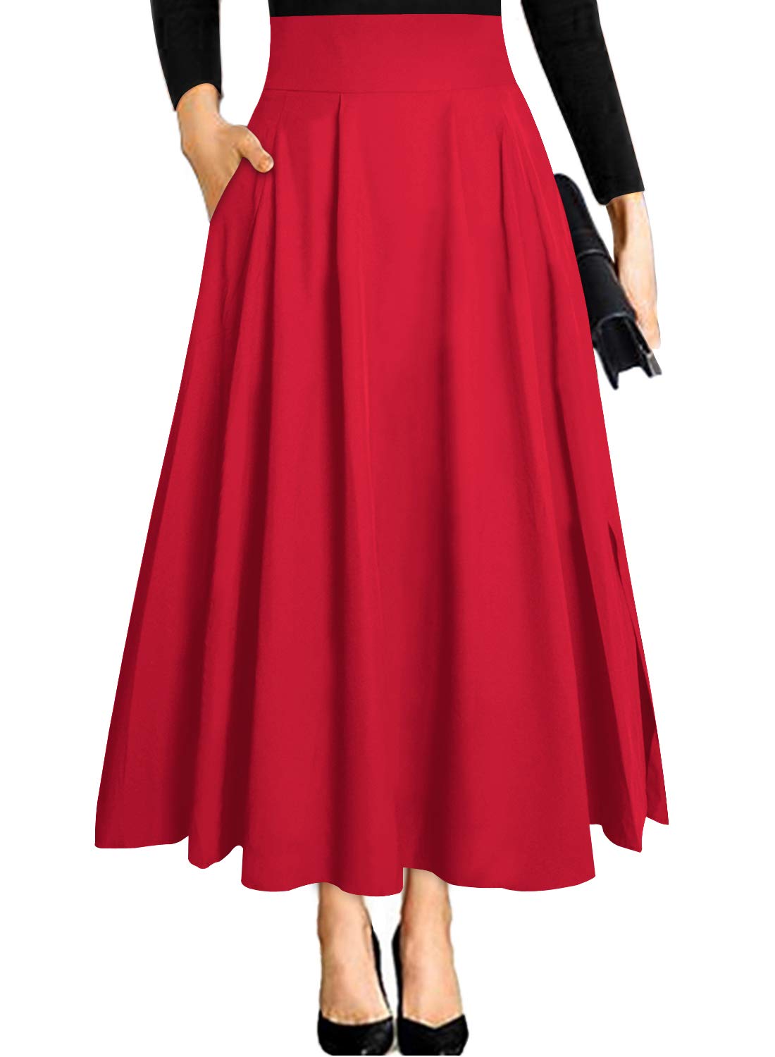 RANPHEE Women's Ankle Length High Waist A-line Flowy Long Maxi Skirt with Pockets