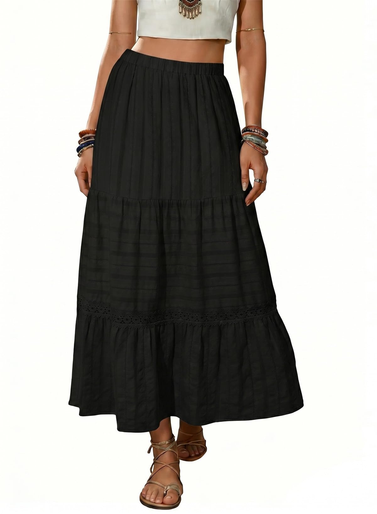 BLENCOT Women's Boho Tiered High Waisted Cotton Long Flowy Skirt