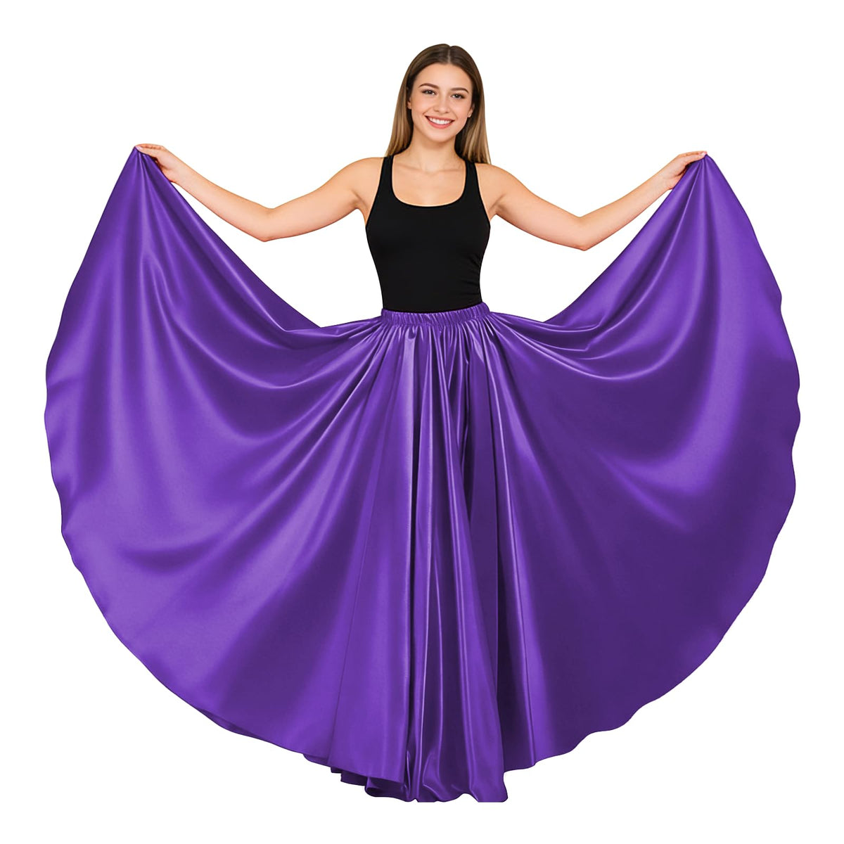Women Satin Full Circle Ankle Length Swing Long Skirt Maxi Shiny Skirt for Party Cosplay Belly Dance Performance Costume