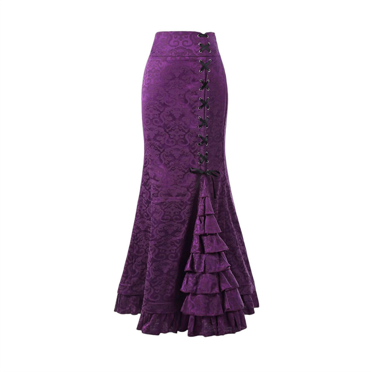 Women Goth Renaissance Mermaid Long Maxi Skirt - Lace-up Ruffled Floral Vintage Style, Club Disco Ball