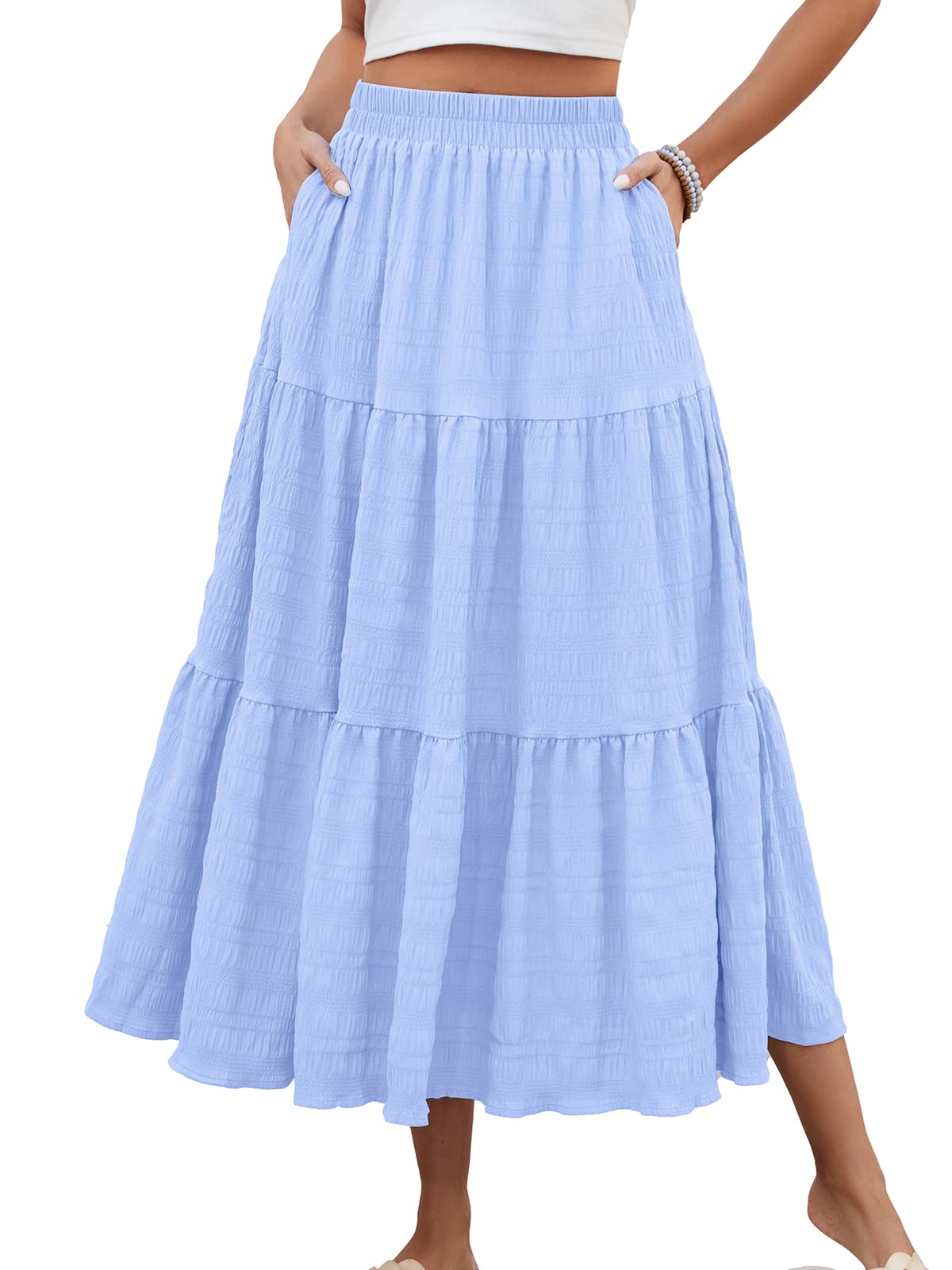 HUSKARY Women's Summer Casual Elegant Smock Layered Tiered Maxi Skirt High Waisted A Line Flowy Long Skirts with Pockets