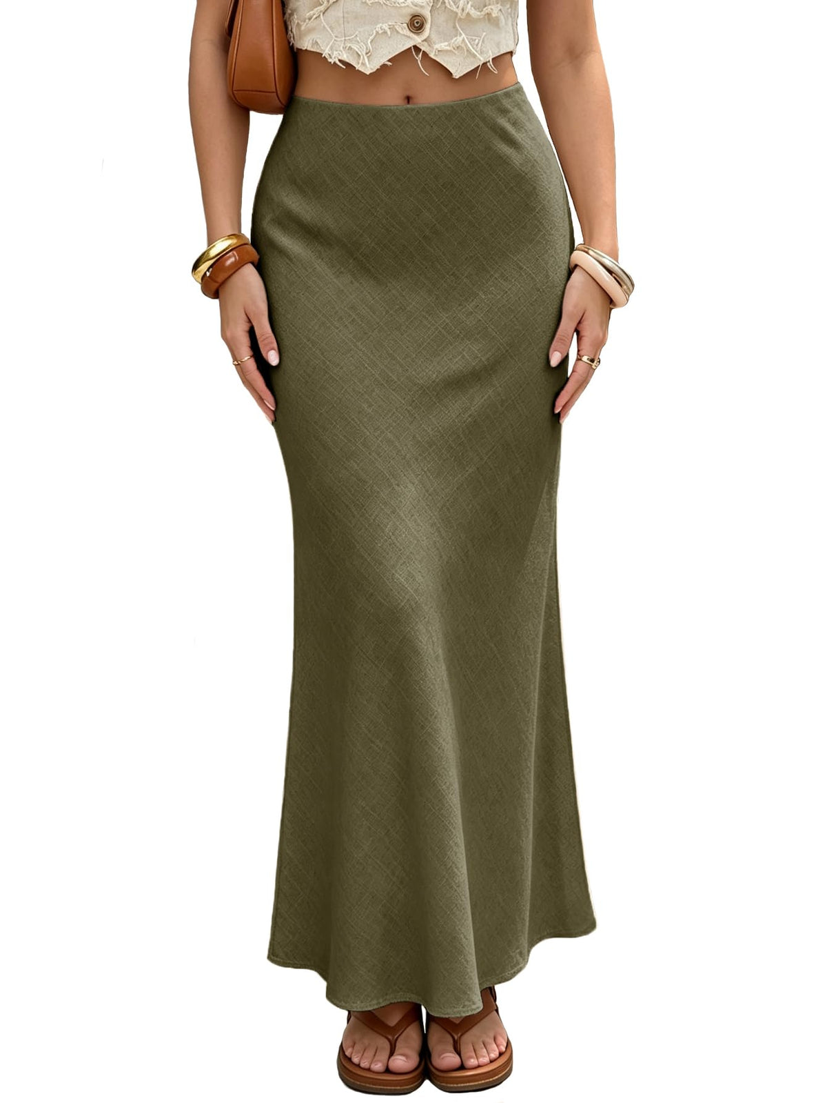 Linen Maxi Skirts Elastic Waist Flared 2026 Spring Summer White Long Linen Skirts for Women Ankle-Length Skirt
