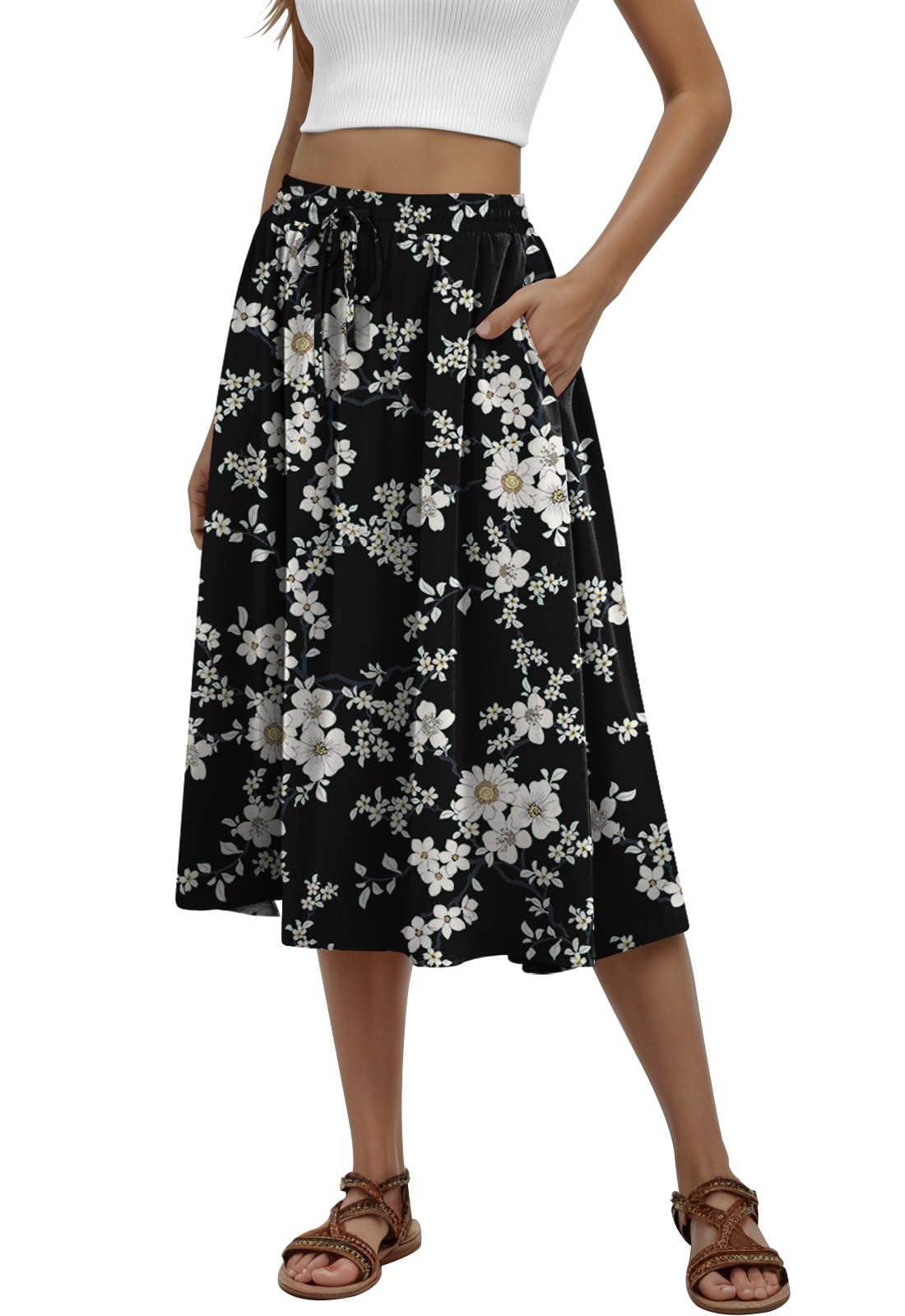 MLXSJ Women's Midi Skirt Summer Pleated Flowy Skirts with Pockets S-3XL