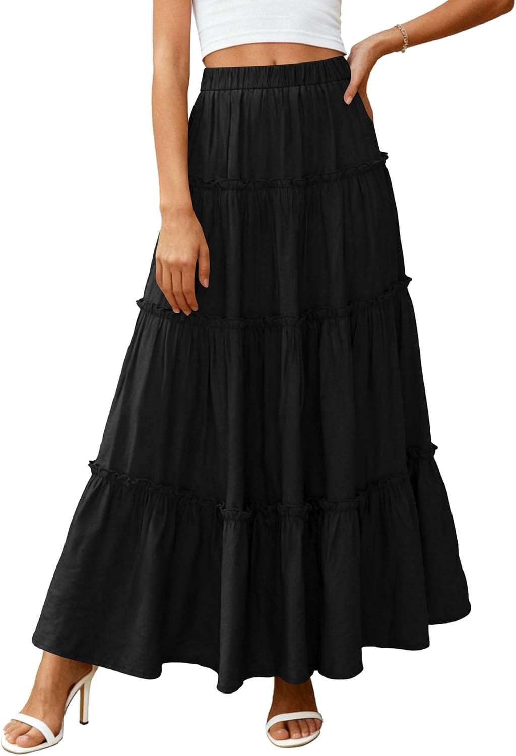 PRETTYGARDEN Women's Boho Tiered Ruffle Flowy Maxi Skirt
