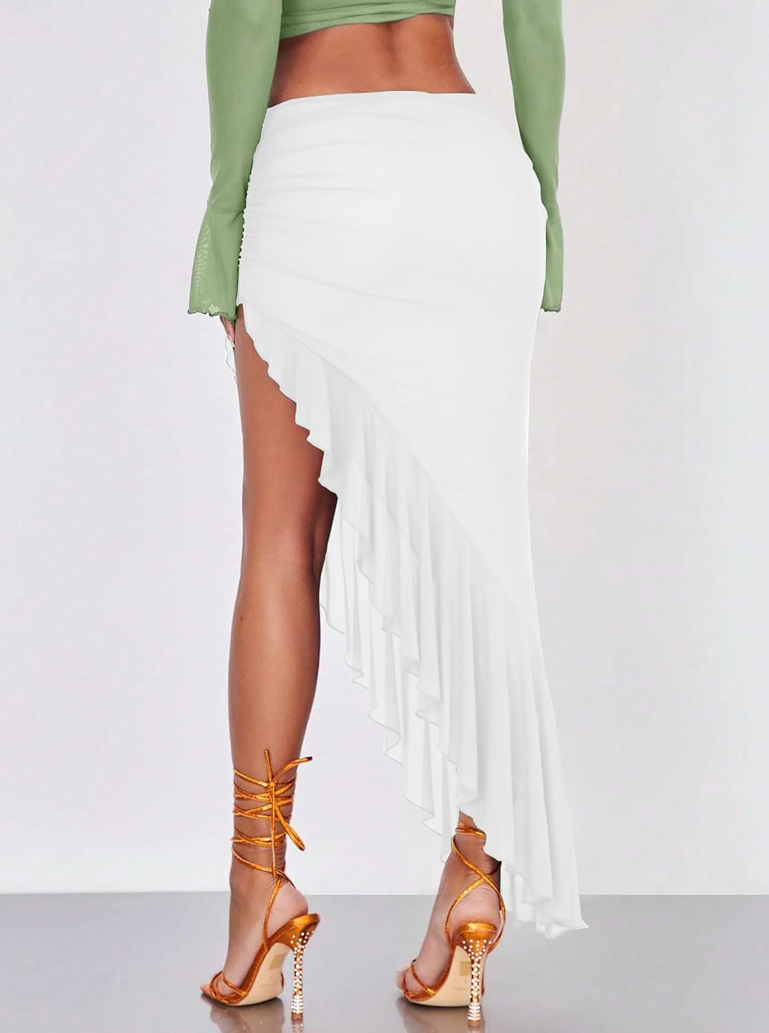 Women's High Waisted Asymmetrical Ruched Mesh Flowy Ruffle Trim Midi Long Skirt