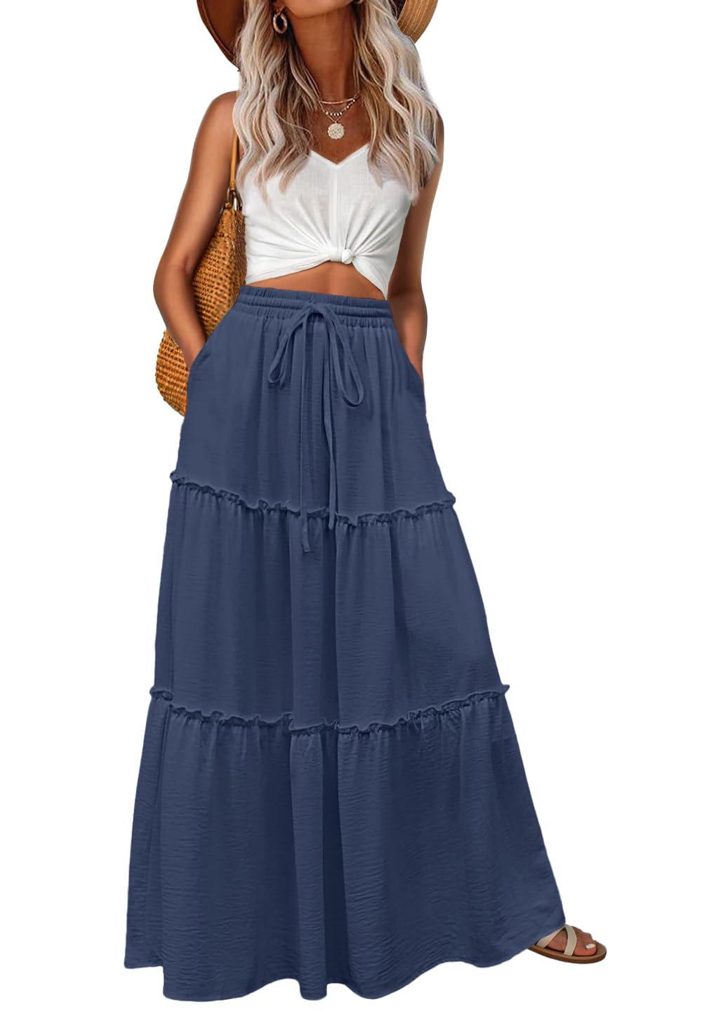 Lepunuo Womens Casual Boho High Waisted Flowy Maxi Skirts Tiered Floral Long Skirts with Pockets for Summer Beach Vacation