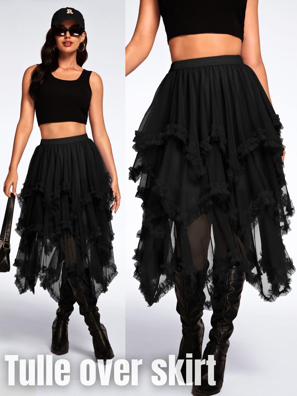Kaei&Shi Long Tulle Skirt,Asymmetrical Ruffle Hem,Renaissance Fairy Costume
