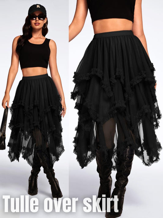 Kaei&Shi Long Tulle Skirt,Asymmetrical Ruffle Hem,Renaissance Fairy Costume