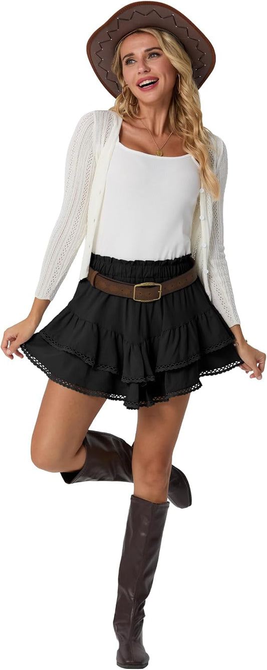Lepunuo Boho Shorts for Women High Waisted Ruffle Tiered Flowy Skirts with Shorts Underneath Western Skorts
