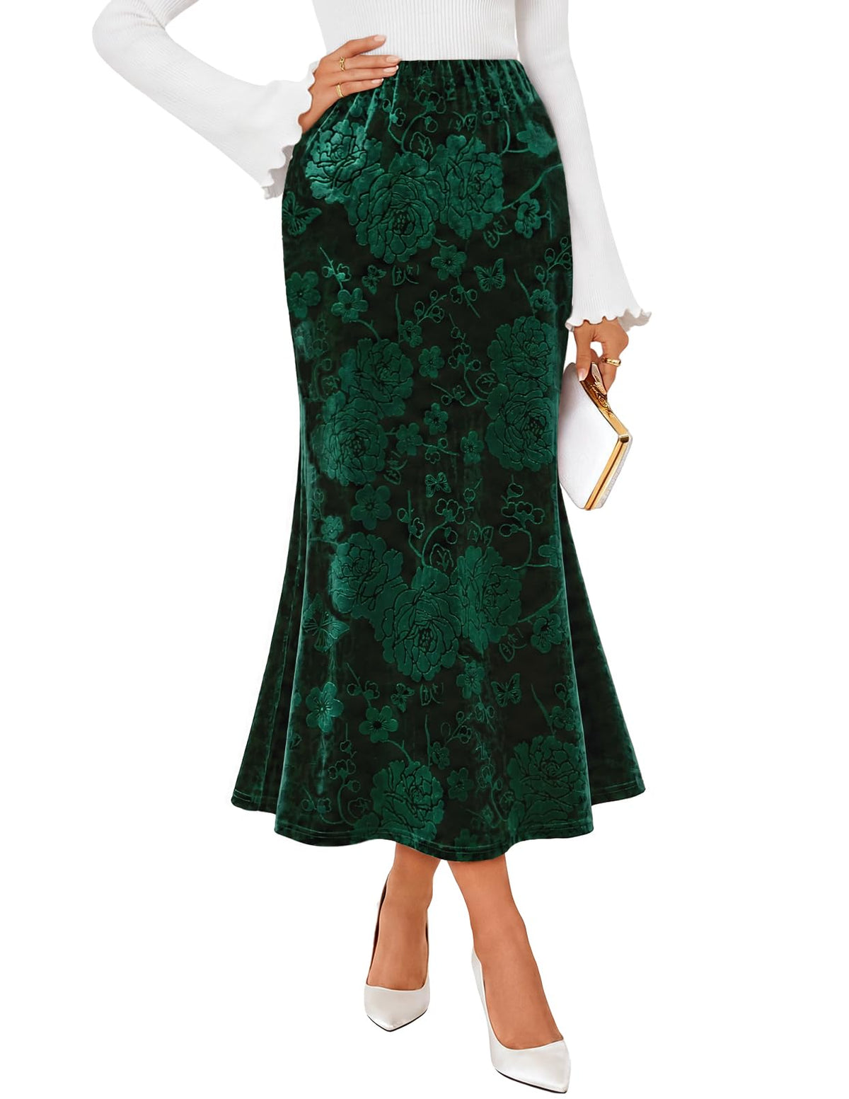 MEROKEETY Women's Fall Floral Velvet Maxi Skirt