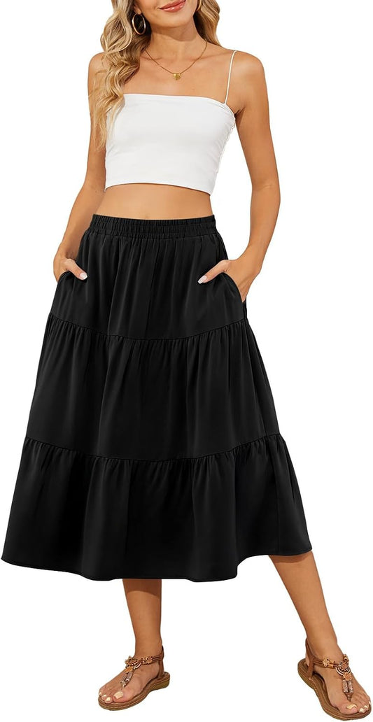 DouBCQ Women's Midi Skirt Flowy Tiered Ruffle High Waist Skirts