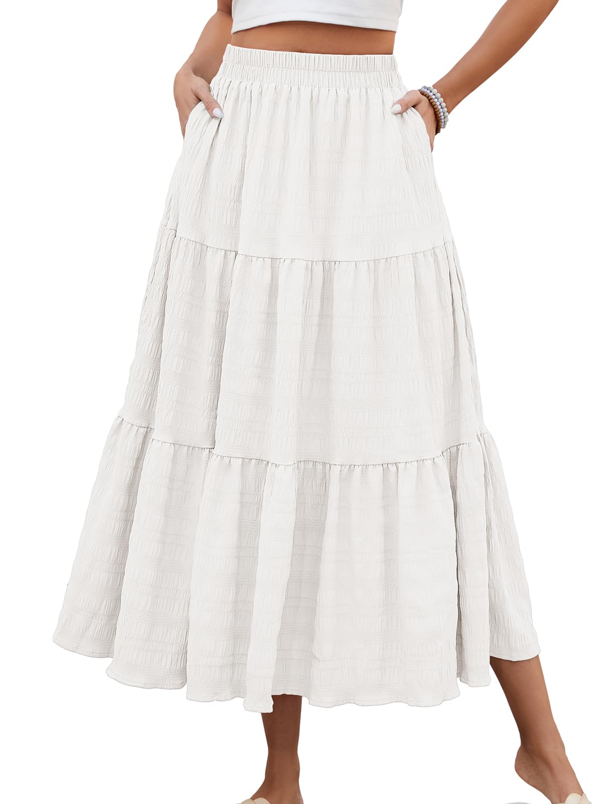 HUSKARY Women's Summer Casual Elegant Smock Layered Tiered Maxi Skirt High Waisted A Line Flowy Long Skirts with Pockets