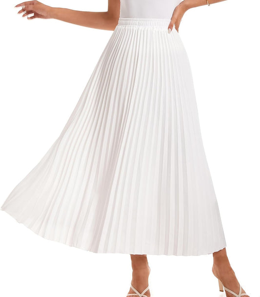Womens Elastic High Waist Long Pleated Skirt Tiered Boho Swing A line Beach Maxi Skirt