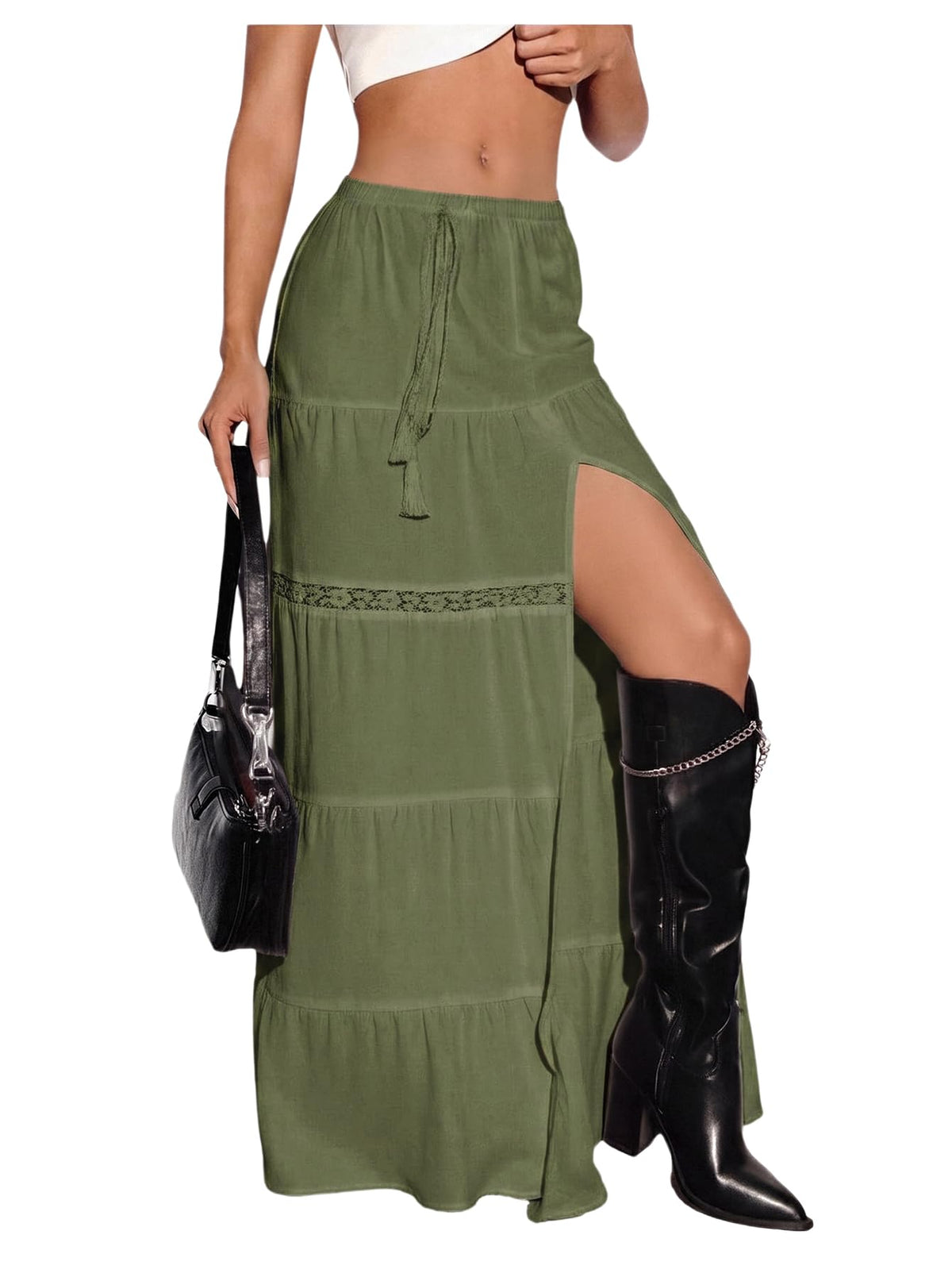 SHENHE Women's Plaid Maxi Skirt High Slit A‑Line Tiered Y2k Skirt